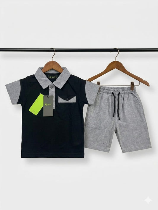 Soft Cotton Contrast Polo Set with Elastic Waist Shorts